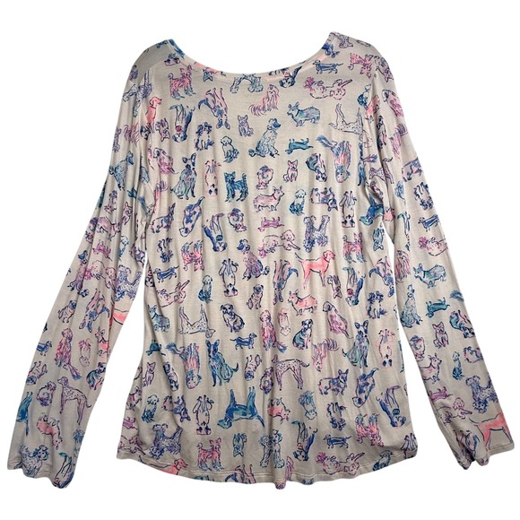 Lilly Pulitzer Dog Print L Long Sleeve Top Cream Pastel Colors Rayon Spandex - Picture 2 of 6